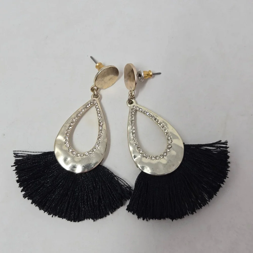 Loft Gold Tone Crystal Pave Teardrop‎ Black Fan Tassel Drop Earrings